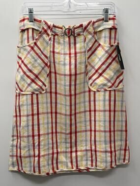 DKNY NWT 100% Linen Plaid Skirt Size 6 Vegas Red Ring Detail Pockets $198 MSRP